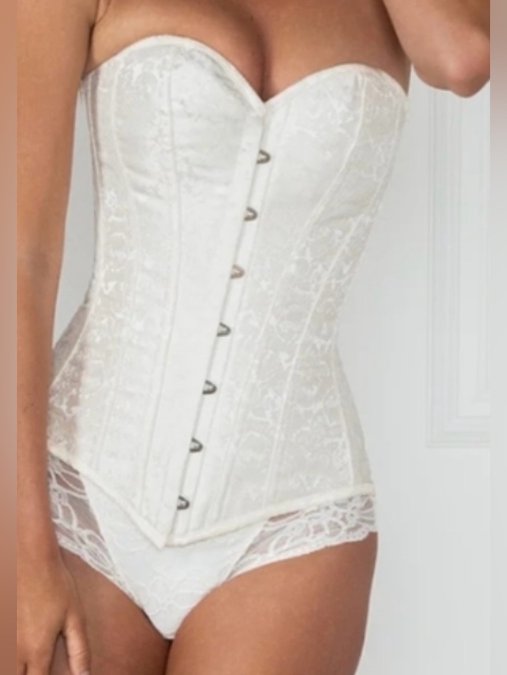 White Brocade Double Heavy Spiral Steel Boned Underbust Waist Cincher Corset M